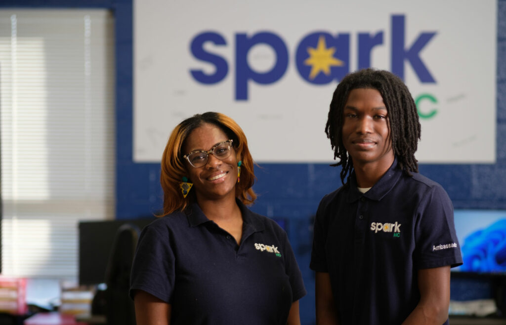 SparkLab Leader Marquita Faison Burris l with Lamont Vines Jr. r in the Spark Lab at Edgecombe County High School in Pinetops North Carolina. Photo credit Alvin C. Jacobs Jr1 - | The Leon Levine Foundation